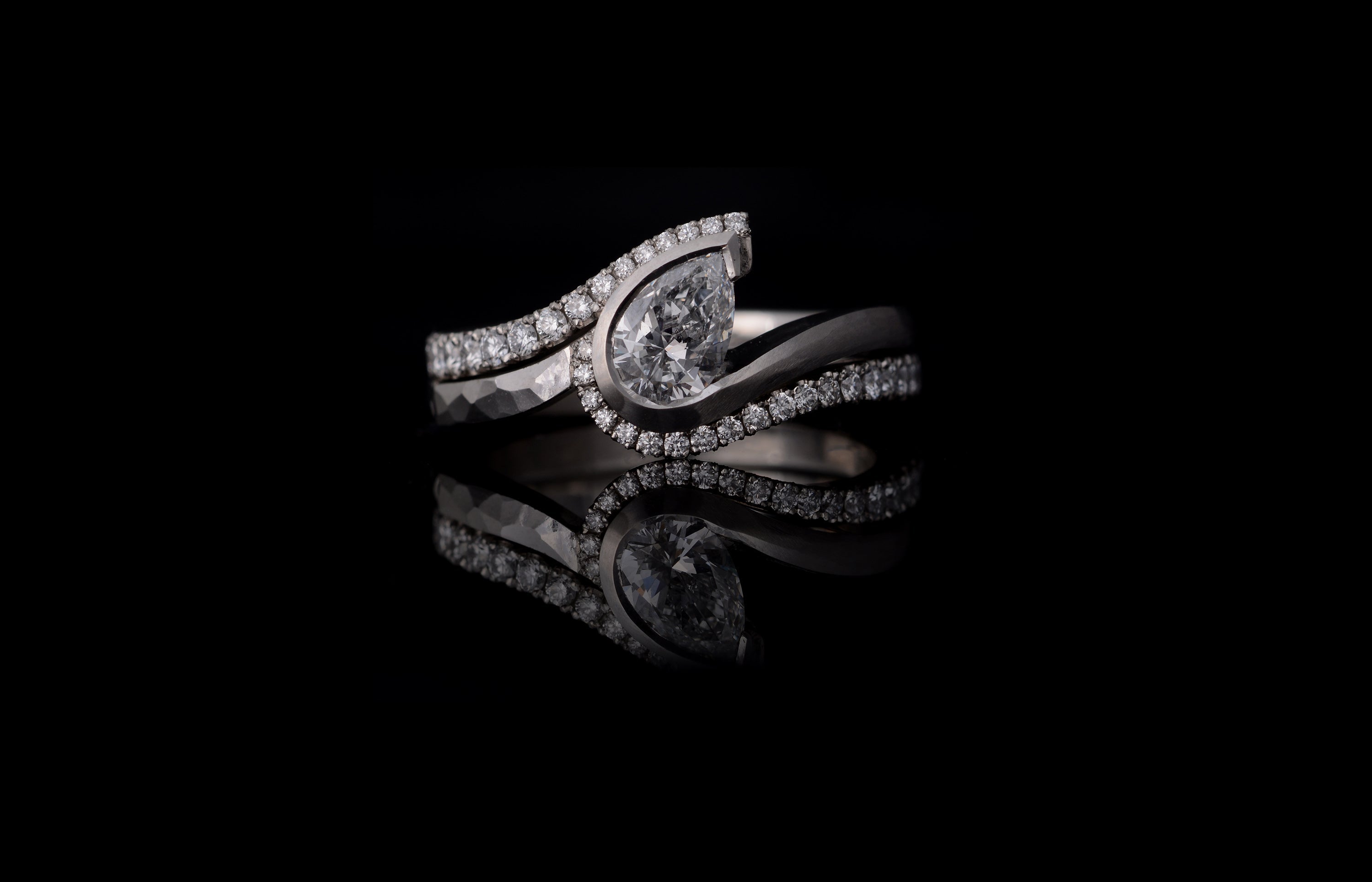 Diamond Wave ring with fitted hammered wedding ring
