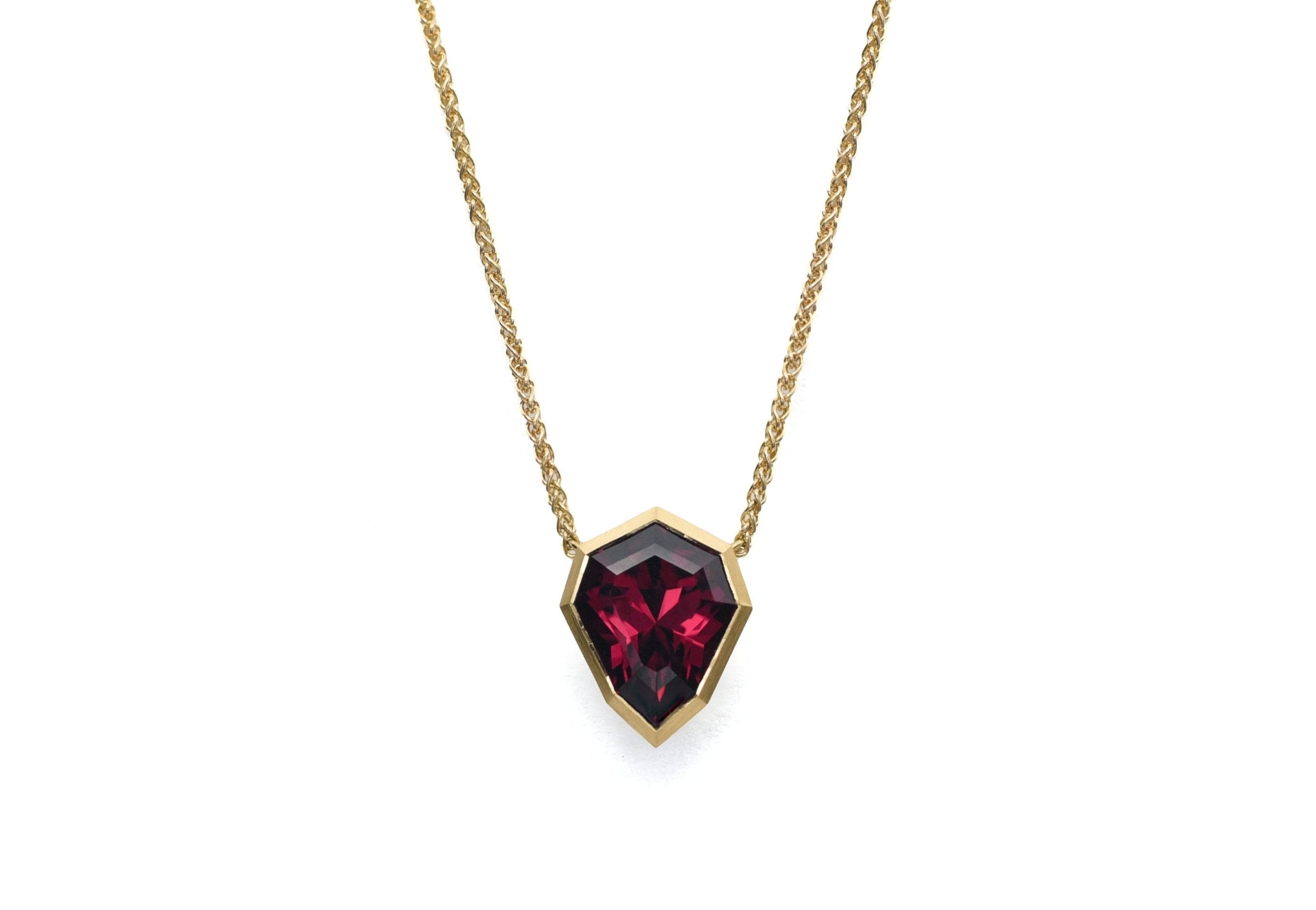 18ct Yellow Gold Shield Cut Rhodolite Garnet Aegis Pendant Necklace