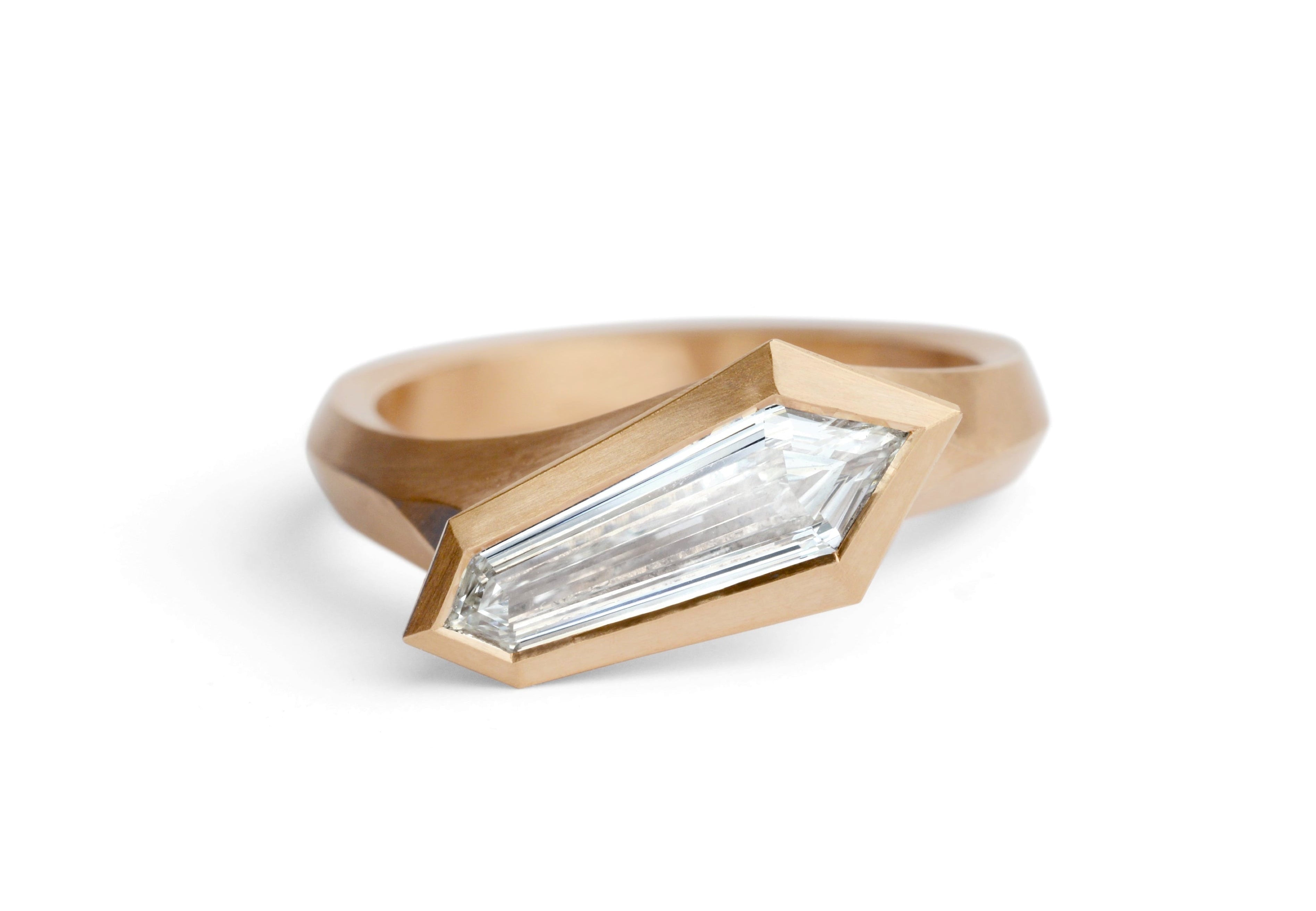 Aegis ring with kite shaped white diamond set in rose gold