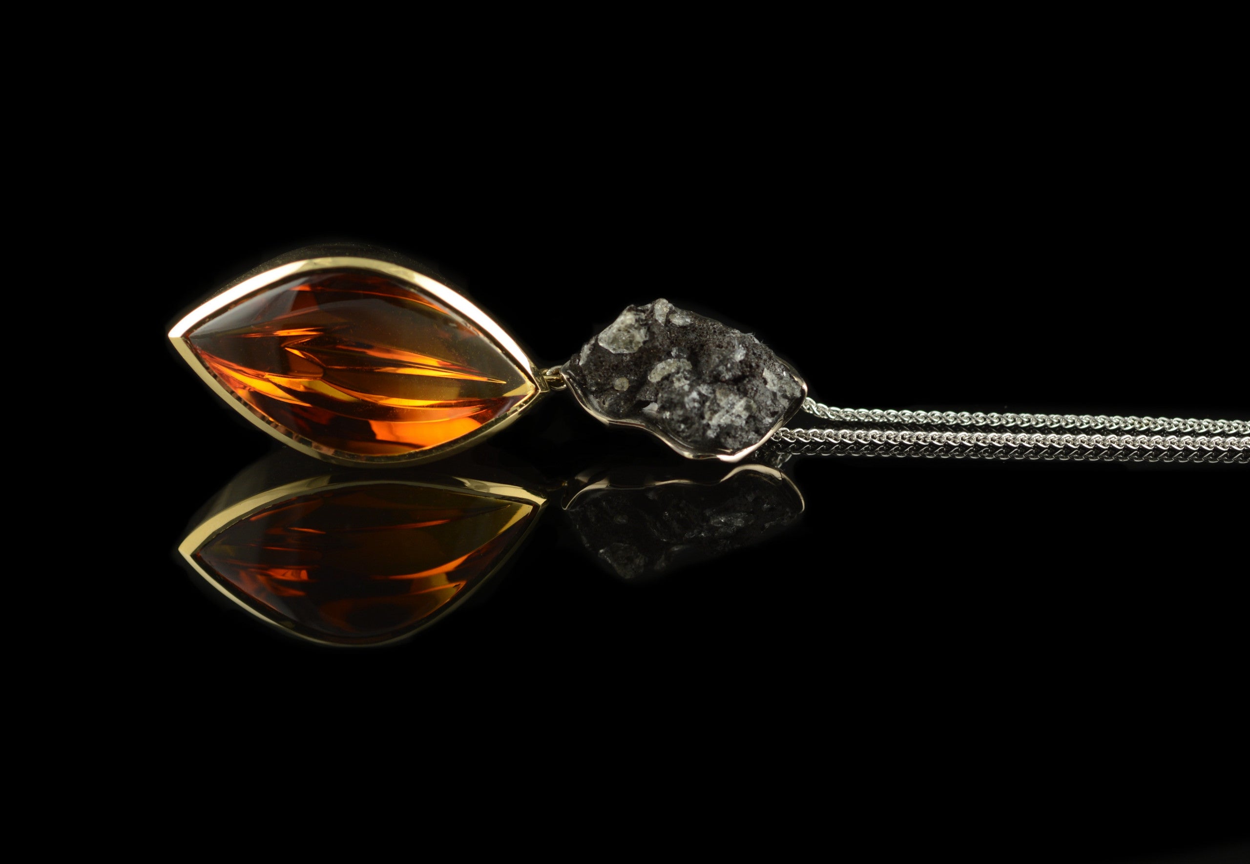 Lava and citrine yellow gold and white gold pendant