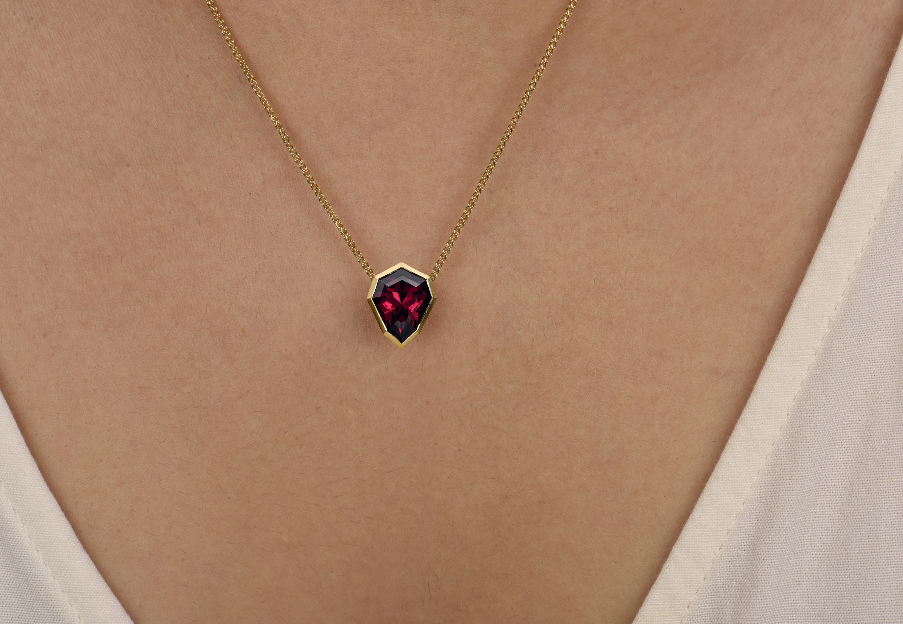 18ct Yellow Gold Shield Cut Rhodolite Garnet Aegis Pendant Necklace