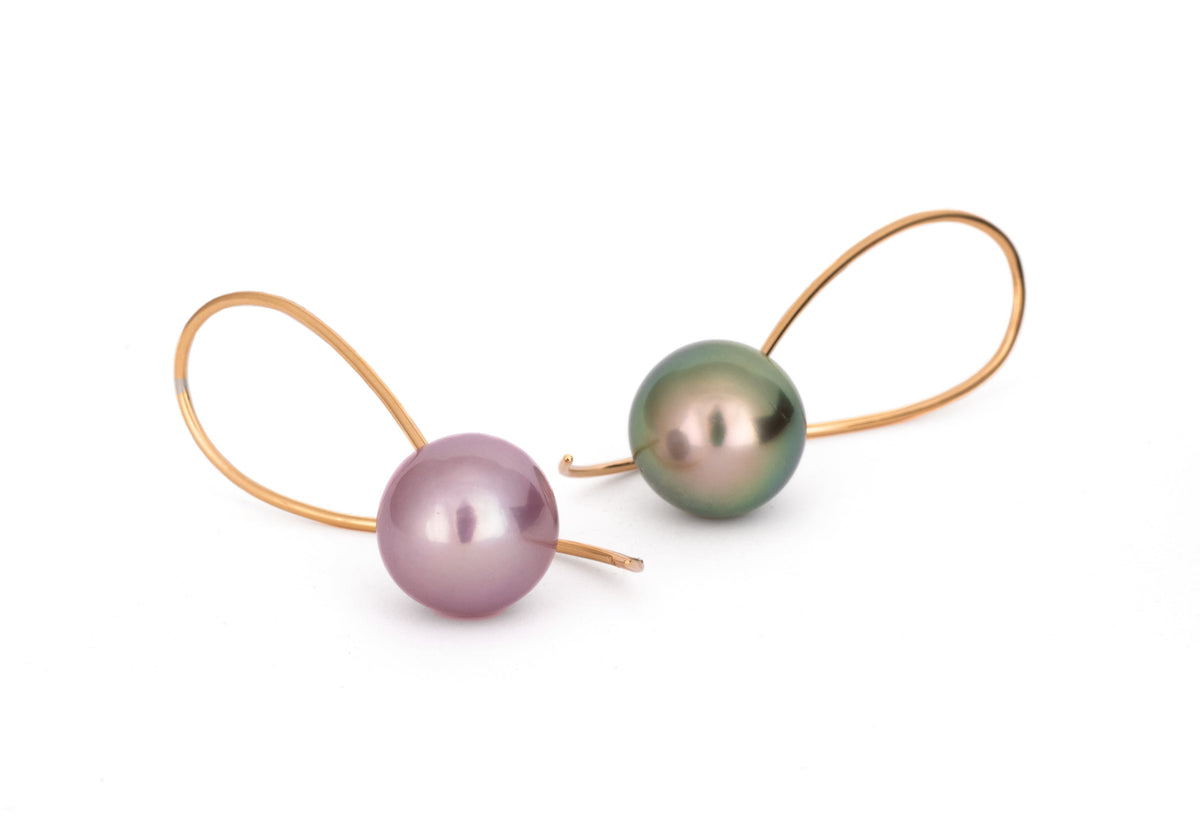18ct rose-gold-pink-green-pearl-drop-earrings on white background 