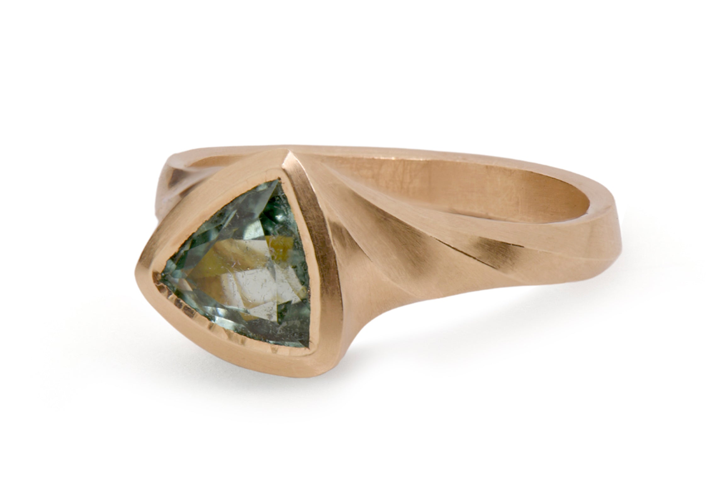 18ct Rose Gold Green Tourmaline Trillion Arris Engagement Ring