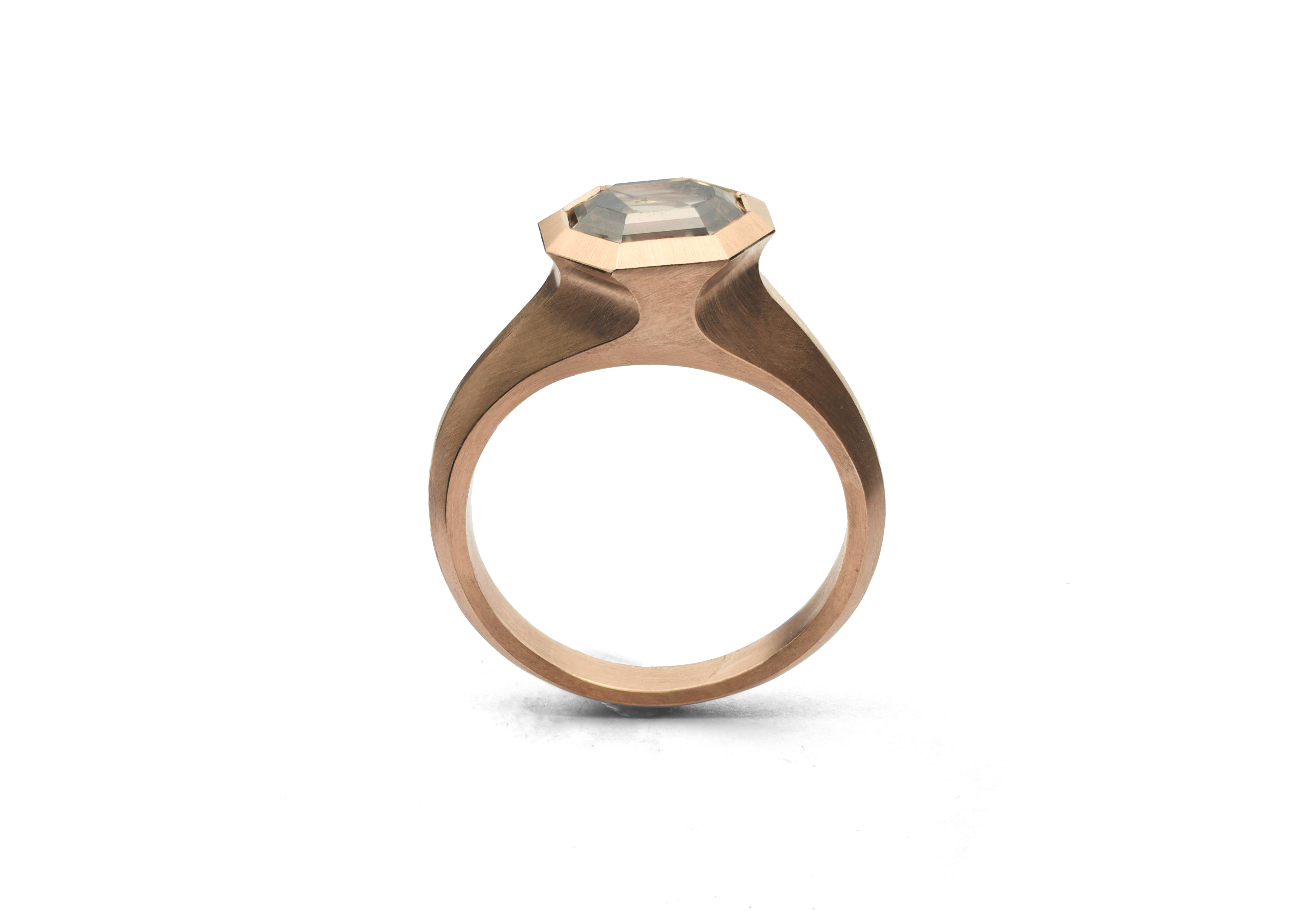 18ct Rose Gold Hexagonal Cognac Diamond Faceted Arris Ring
