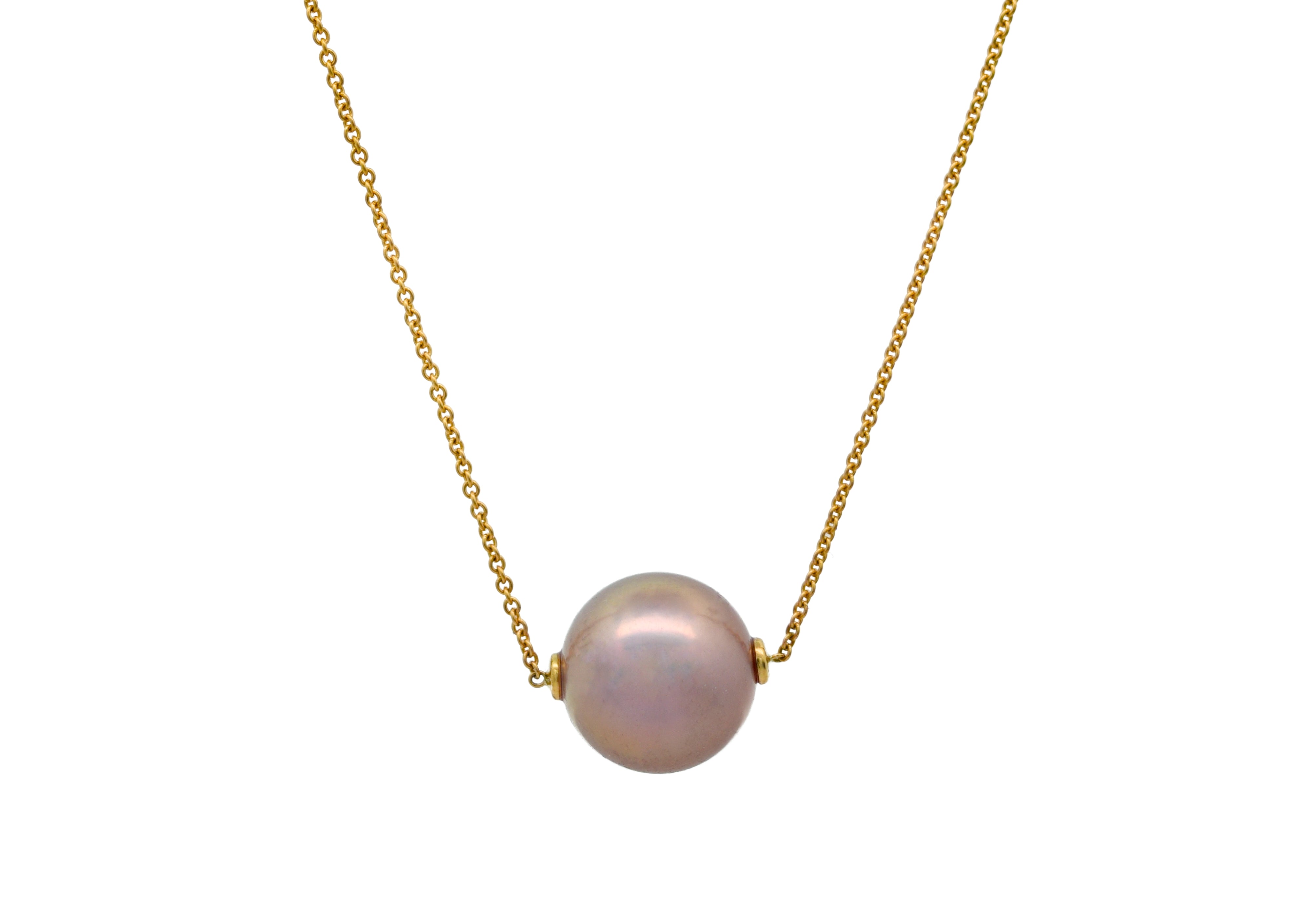 Necklace with a single pink pearl pendant on a gold chain against a white background