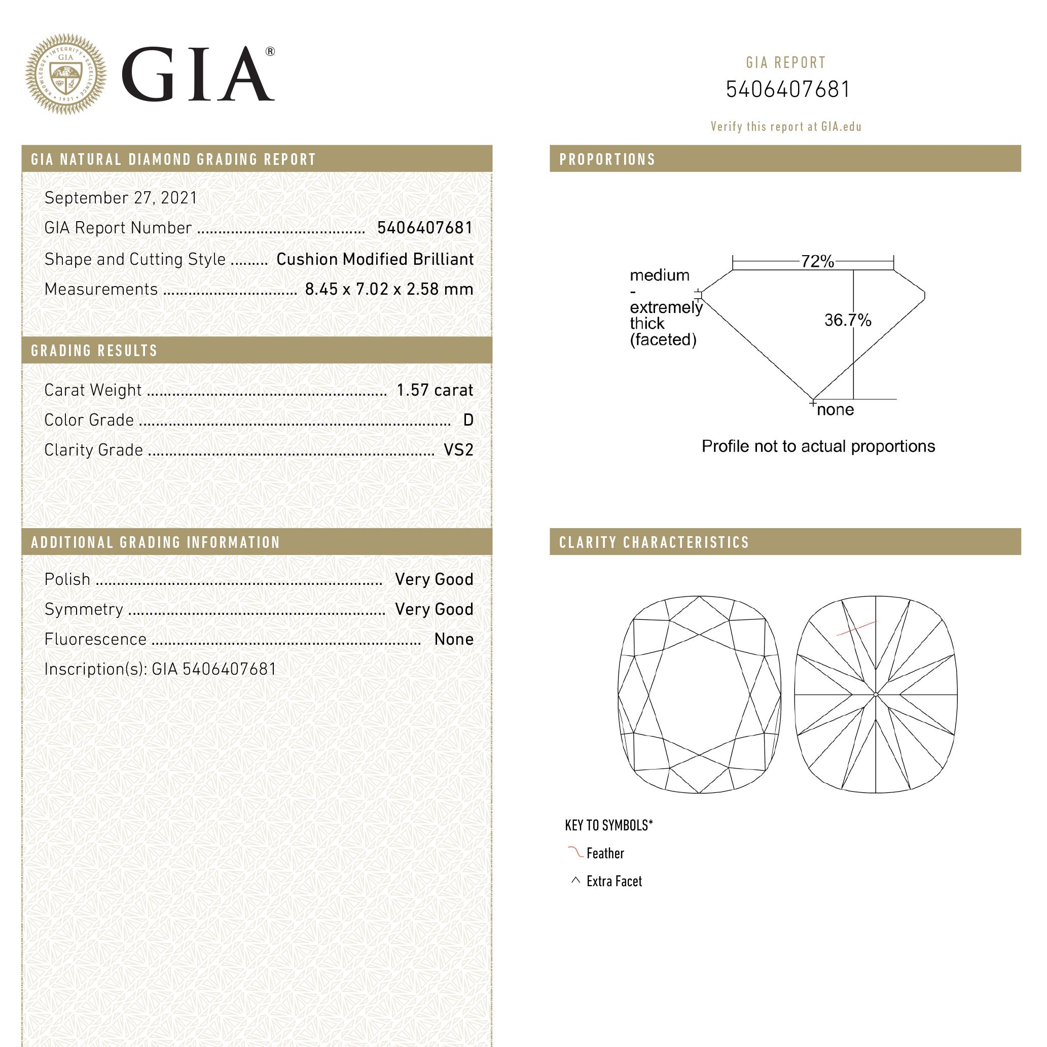 1.57ct 8.45x7.02x2.58mm GIA VS2 D Cushion Rosecut 20723-01