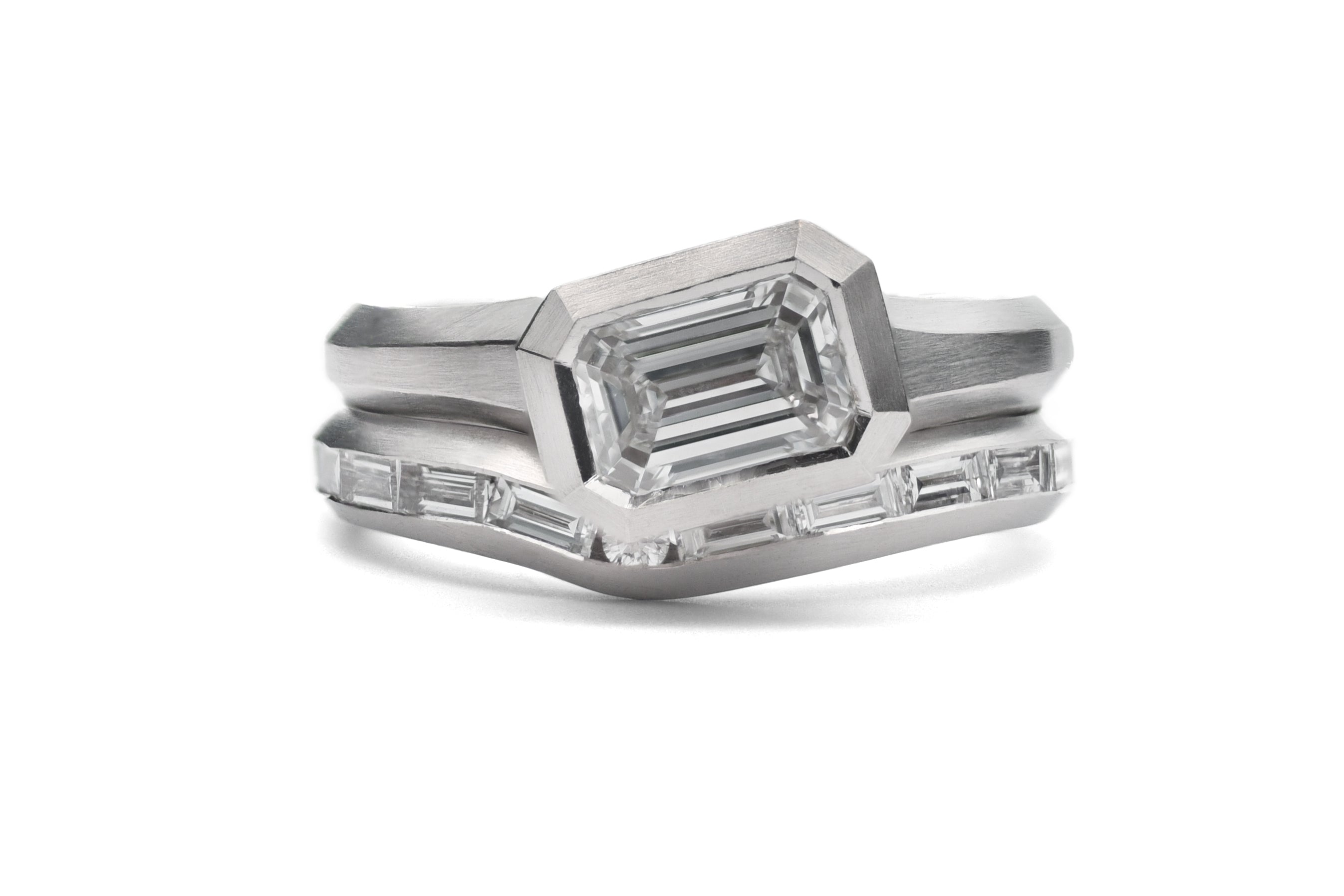 Platinum Curved Baguette Diamond Fitted Arris Wedding Ring