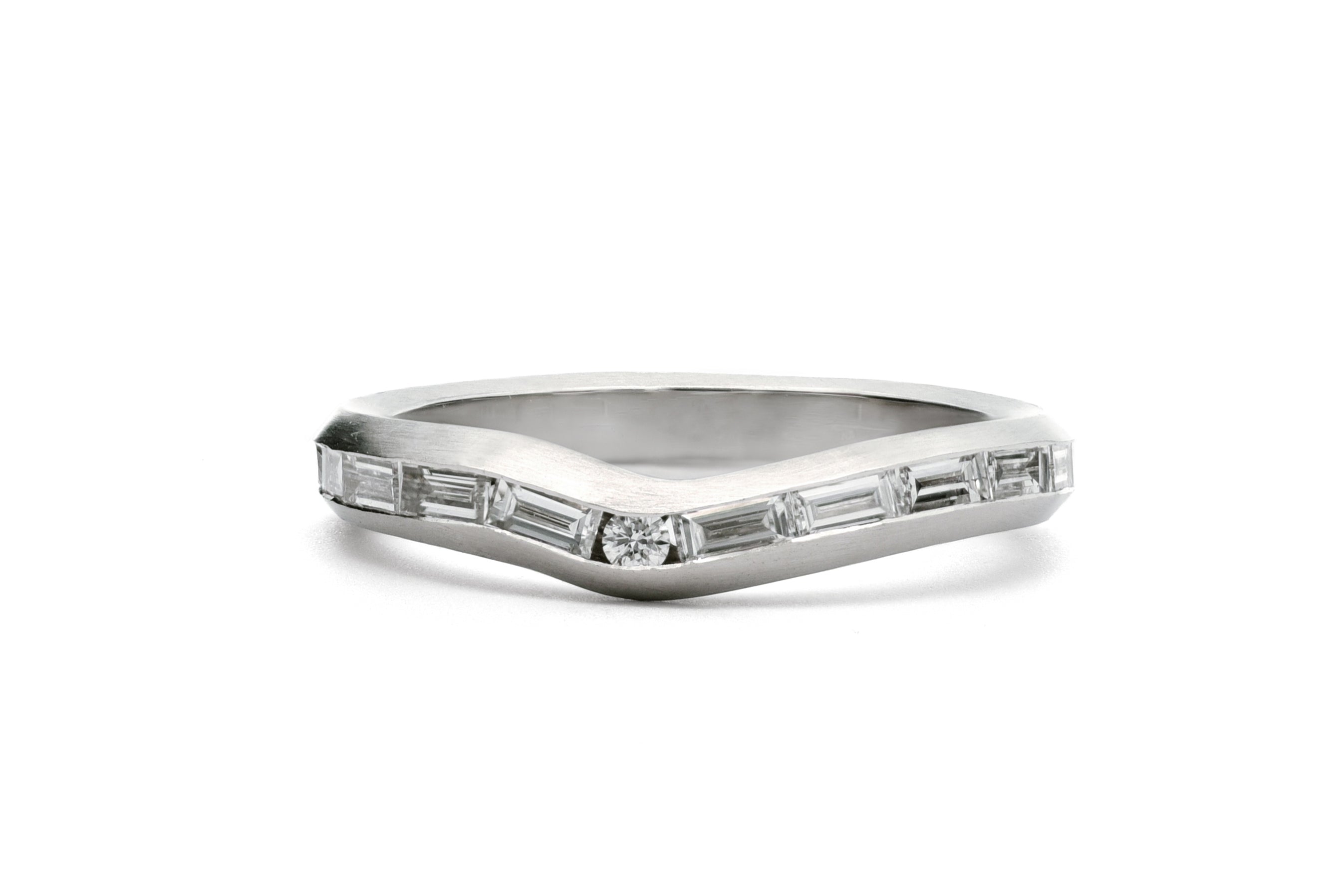 Platinum Curved Baguette Diamond Fitted Arris Wedding Ring