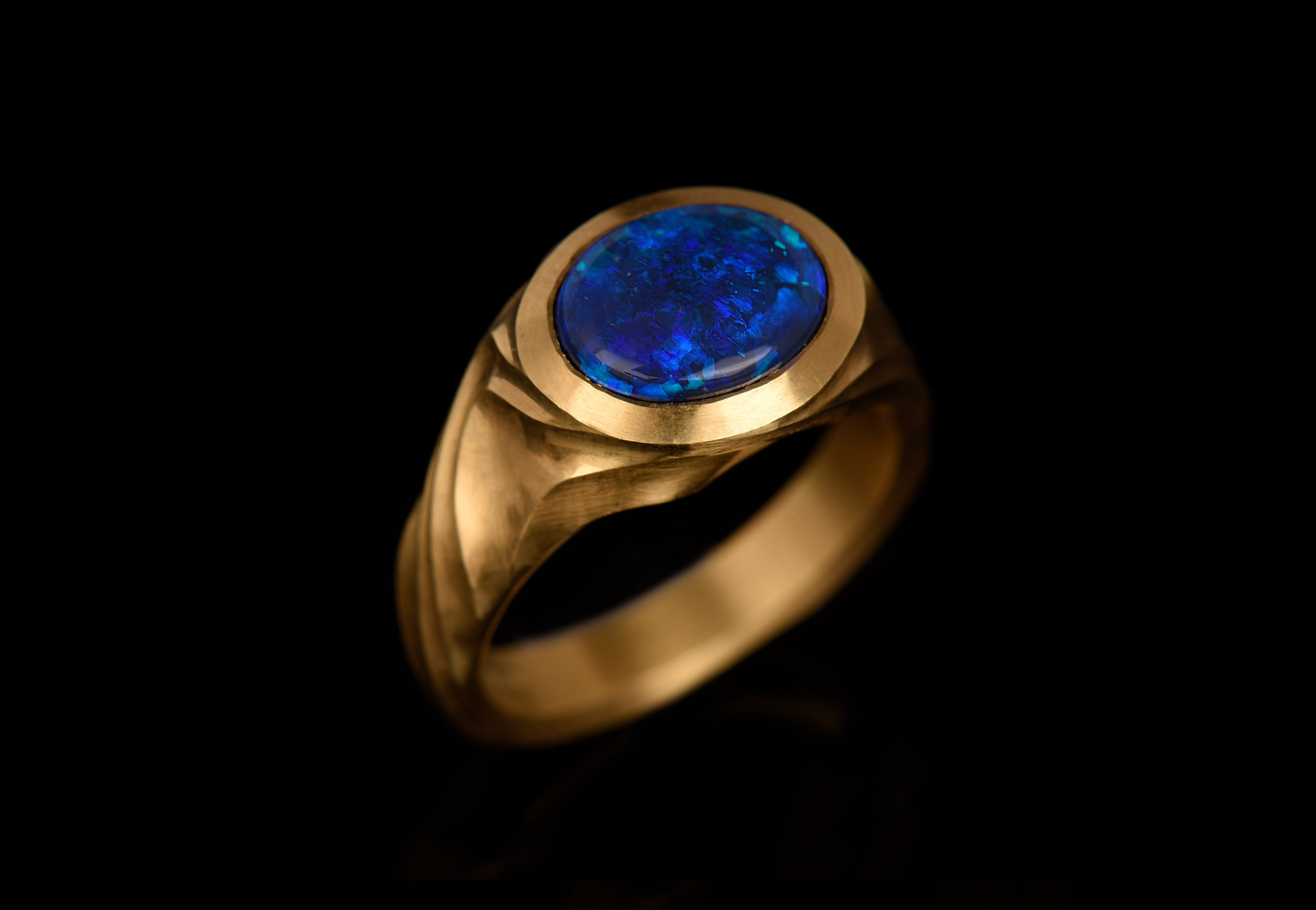 18ct Yellow Gold Oval Black Opal Arris Ring