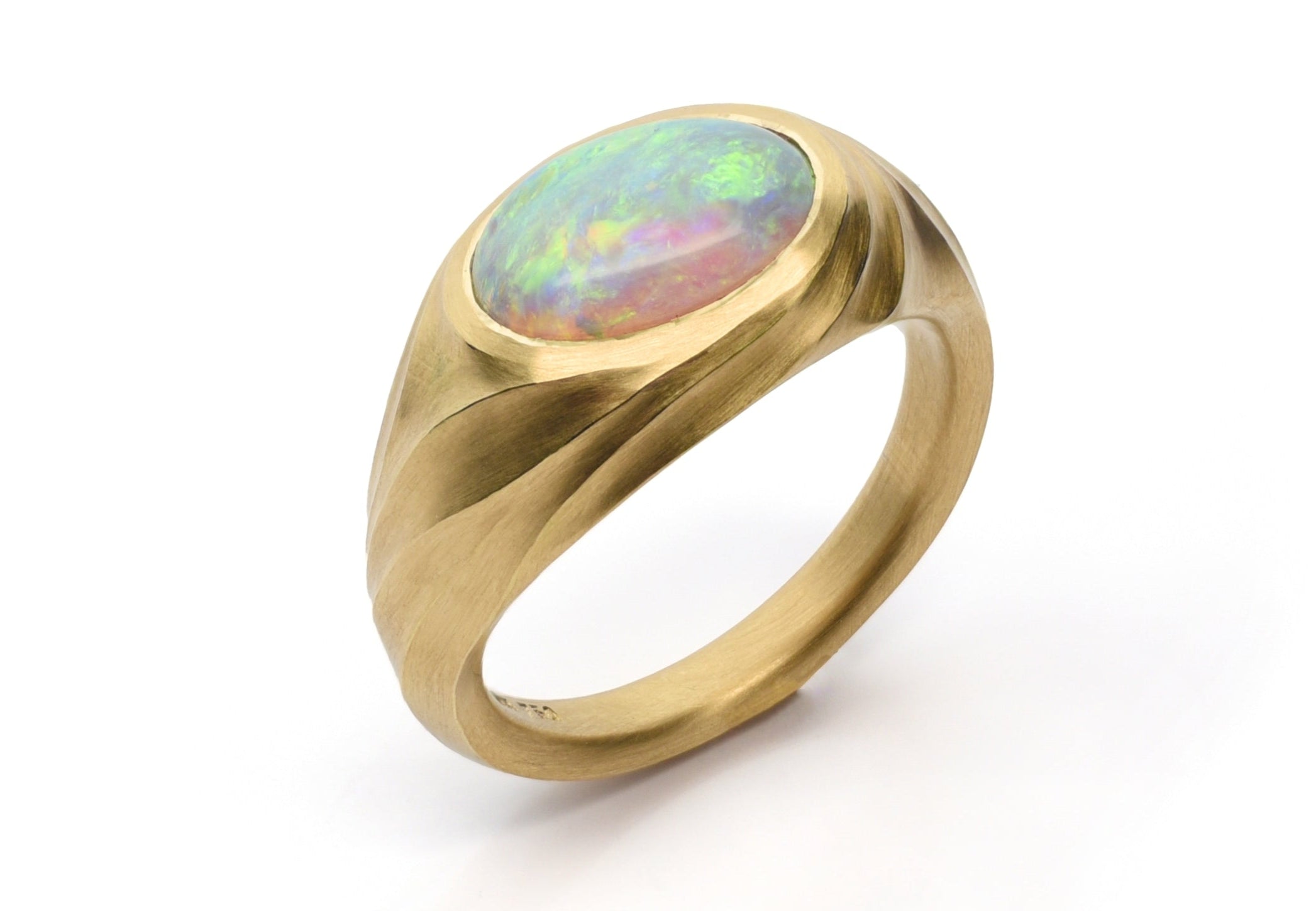 18ct Yellow Gold Carved Oval Black Opal Arris Ring