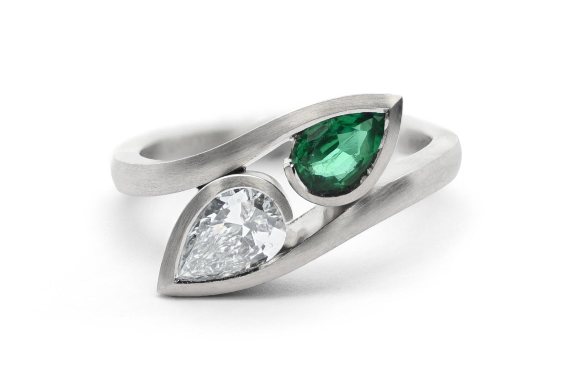 Platinum Diamond and Emerald Moi Et Toi Wave Engagement Ring