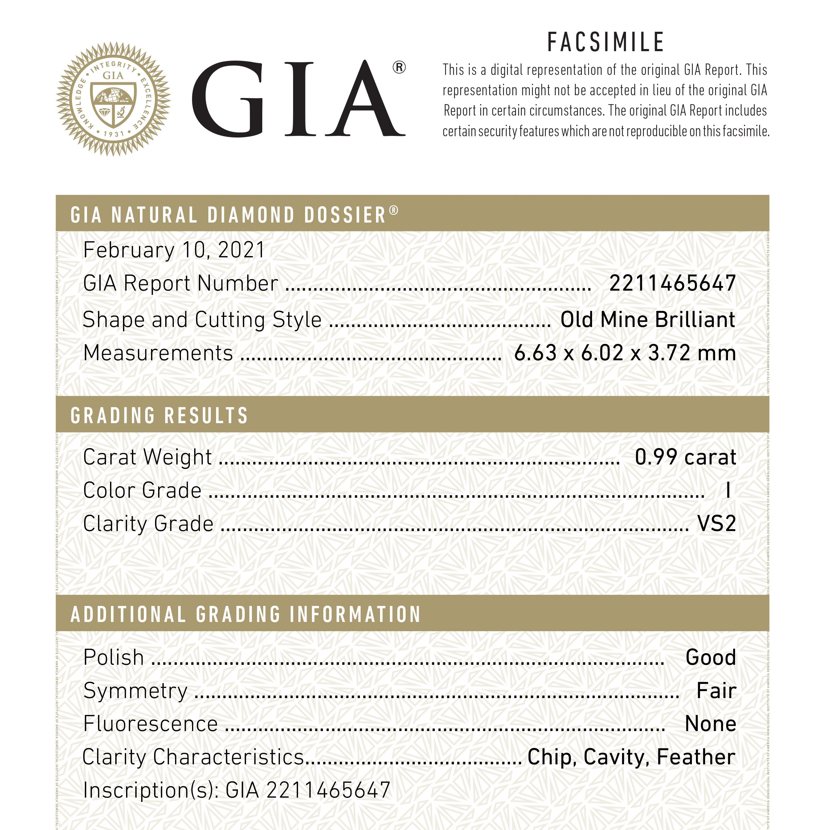 0.99ct 6.63x6.02x3.72mm GIA VS2 I Antique Old Mine Cut 18825-01 HOLD D3278 adept 28/2021 - Misfit Diamonds