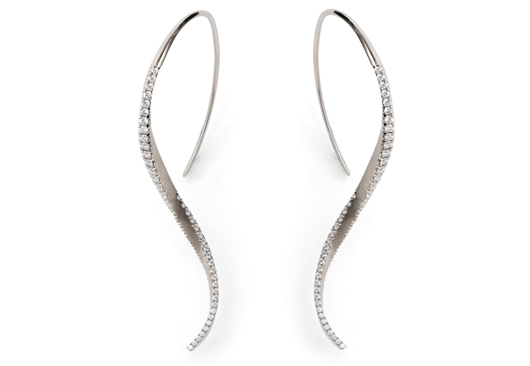 Hand forged white gold and diamond twisted drop earrings