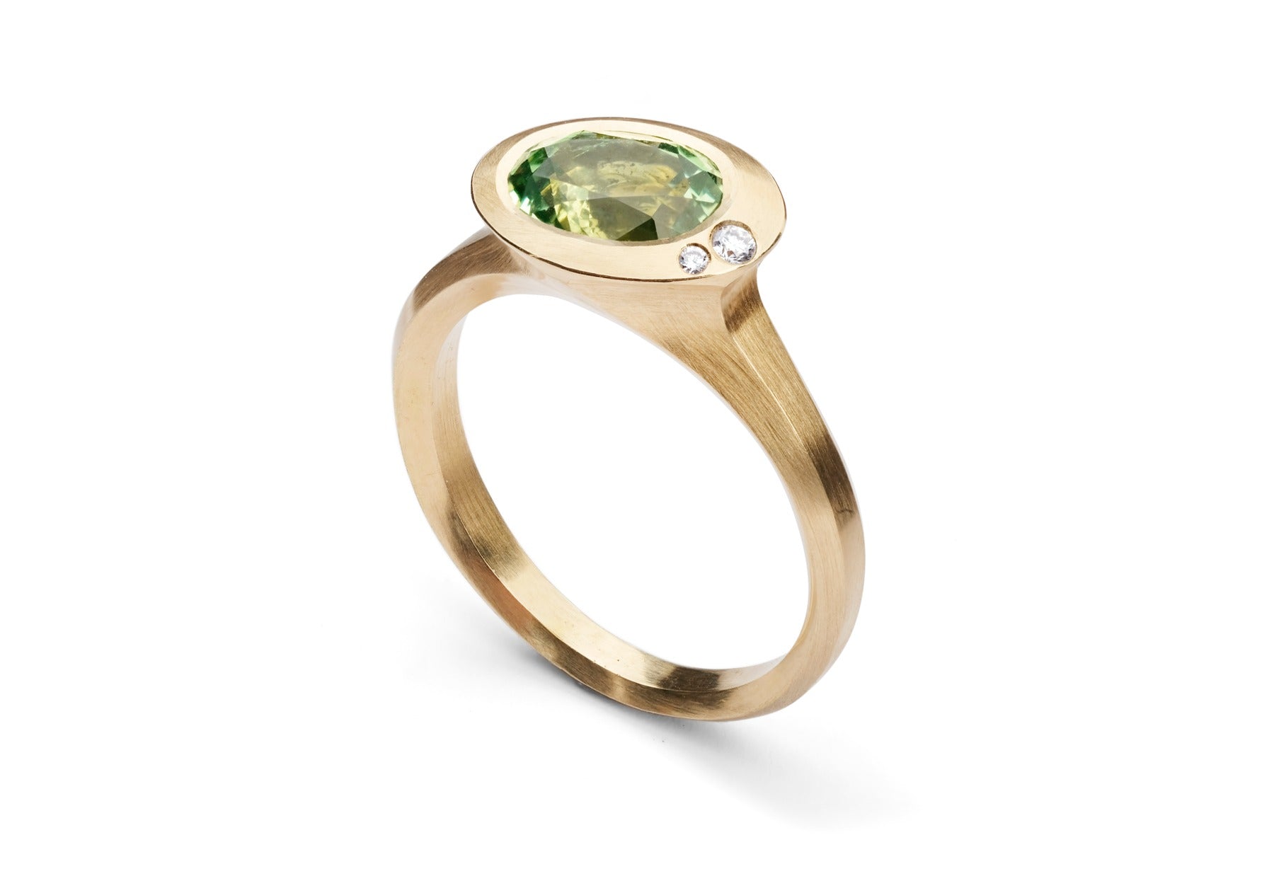 Rose gold Arris ring with oval tsavorite garnet and white diamonds