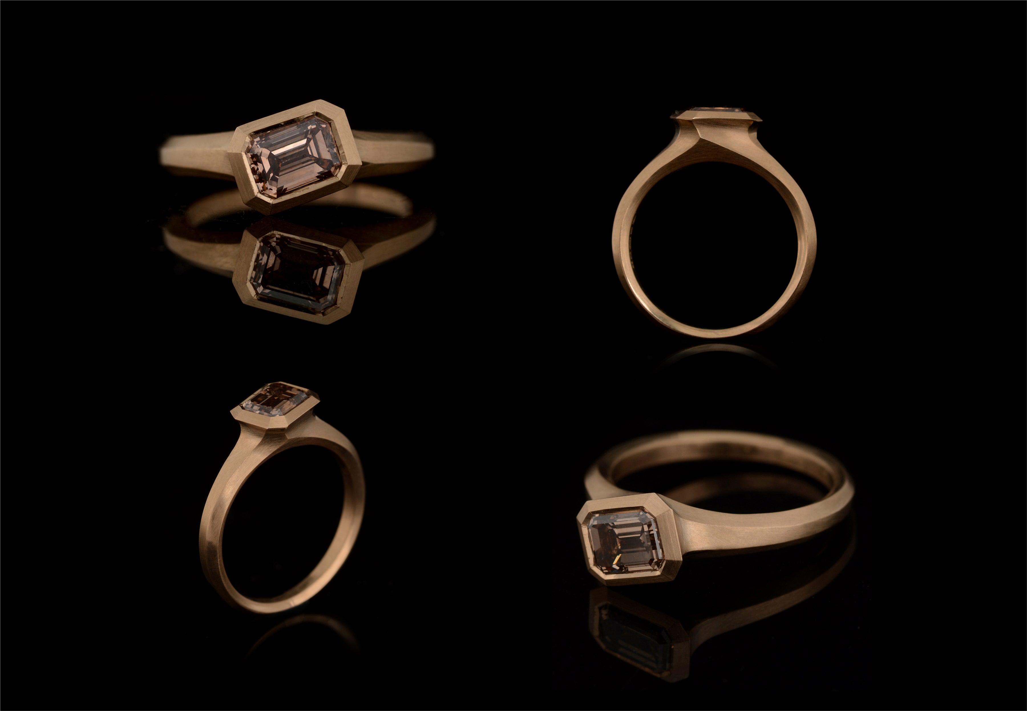 Arris rose gold and emerald cut cognac diamond ring-McCaul